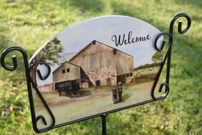 'Welcome' Amish Farm Scene Aluminum Sign