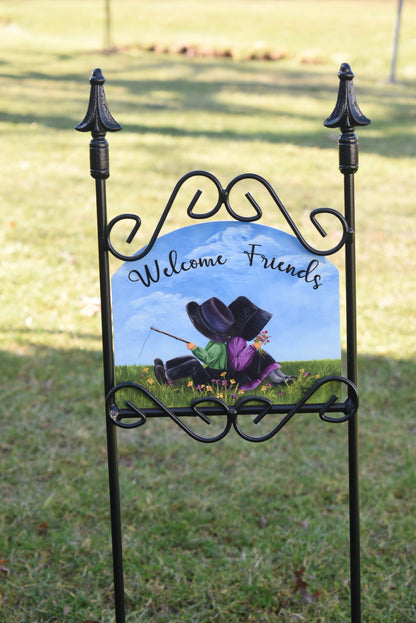 'Welcome Friends' Amish Children 8" Painted Sign