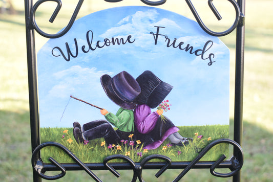 'Welcome Friends' Amish Children 8" Painted Sign