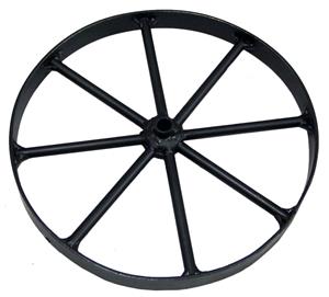 The 10" diameter wheel that has a 1/2" hole for an axle is handcrafted from wrought iron.