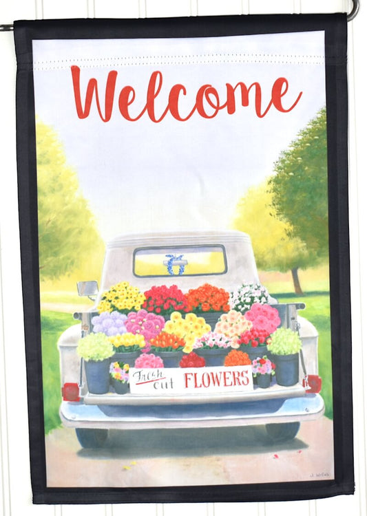 Pickup with Flowers - Welcome - on a Nylon Garden Flag for a Mini Flag Holder